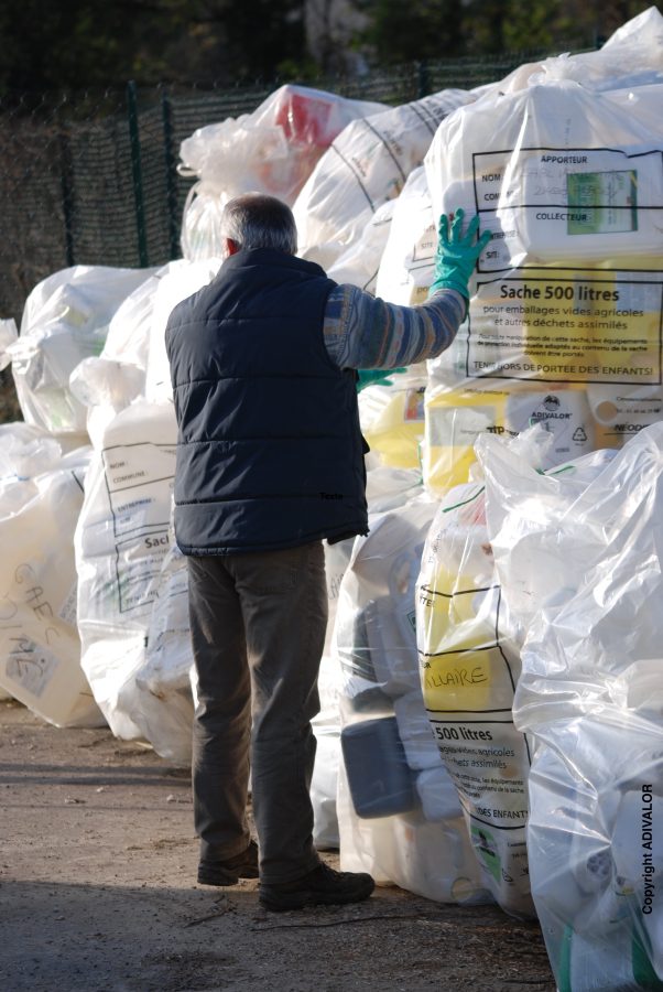 Regroupement des sacs de bidons vides de produits agricoles